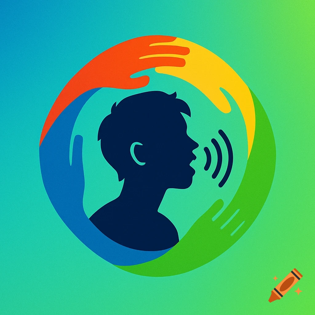 Stylized logo illustration of a person speaking with sound waves, encircled by four colorful hands, on a gradient green and blue background.