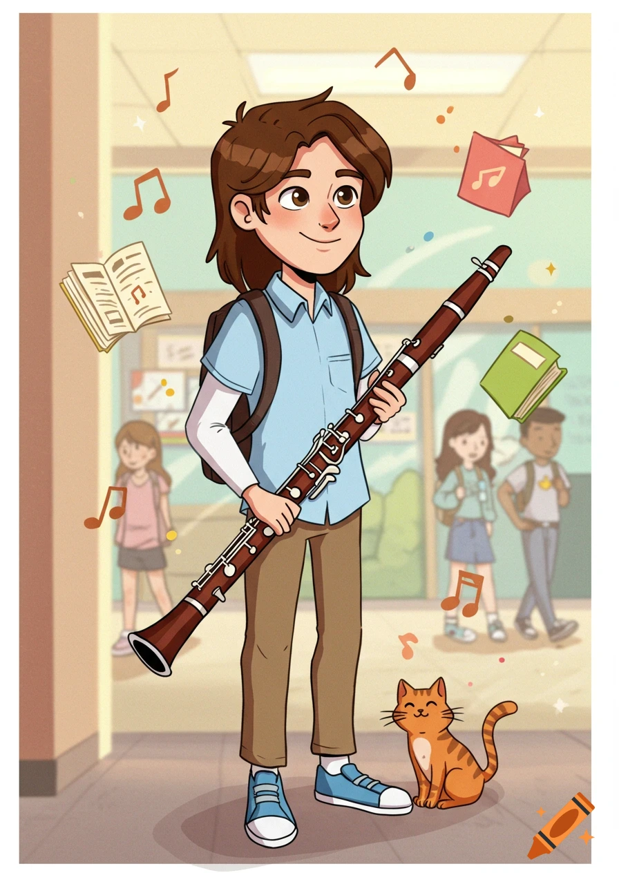 Cartoon illustration of a young male student in a school hallway, holding a bass clarinet, with a cat at his feet and other students in the background.