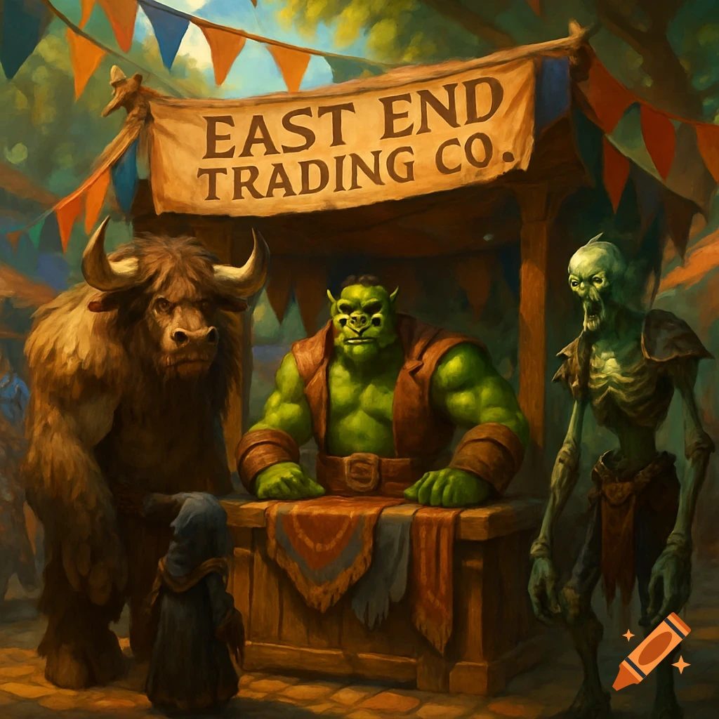 A fantasy trading stall with an orc, tauren, skeletal undead, and small hooded figure. Banner reads 'EAST END TRADING CO.' Painterly style.