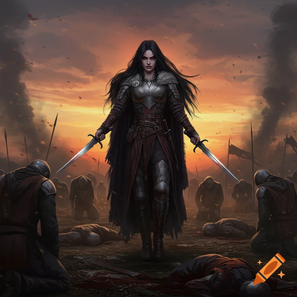 A powerful female warrior with long black hair holding two daggers stands on a battlefield with dead bodies and kneeling figures at sunset.