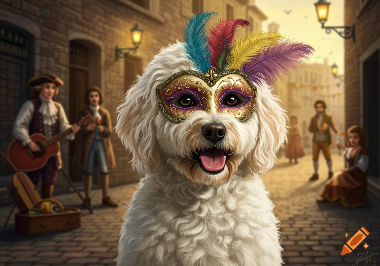 A white fluffy dog wearing a colorful feathered masquerade mask smiles in a busy, old-fashioned street scene.