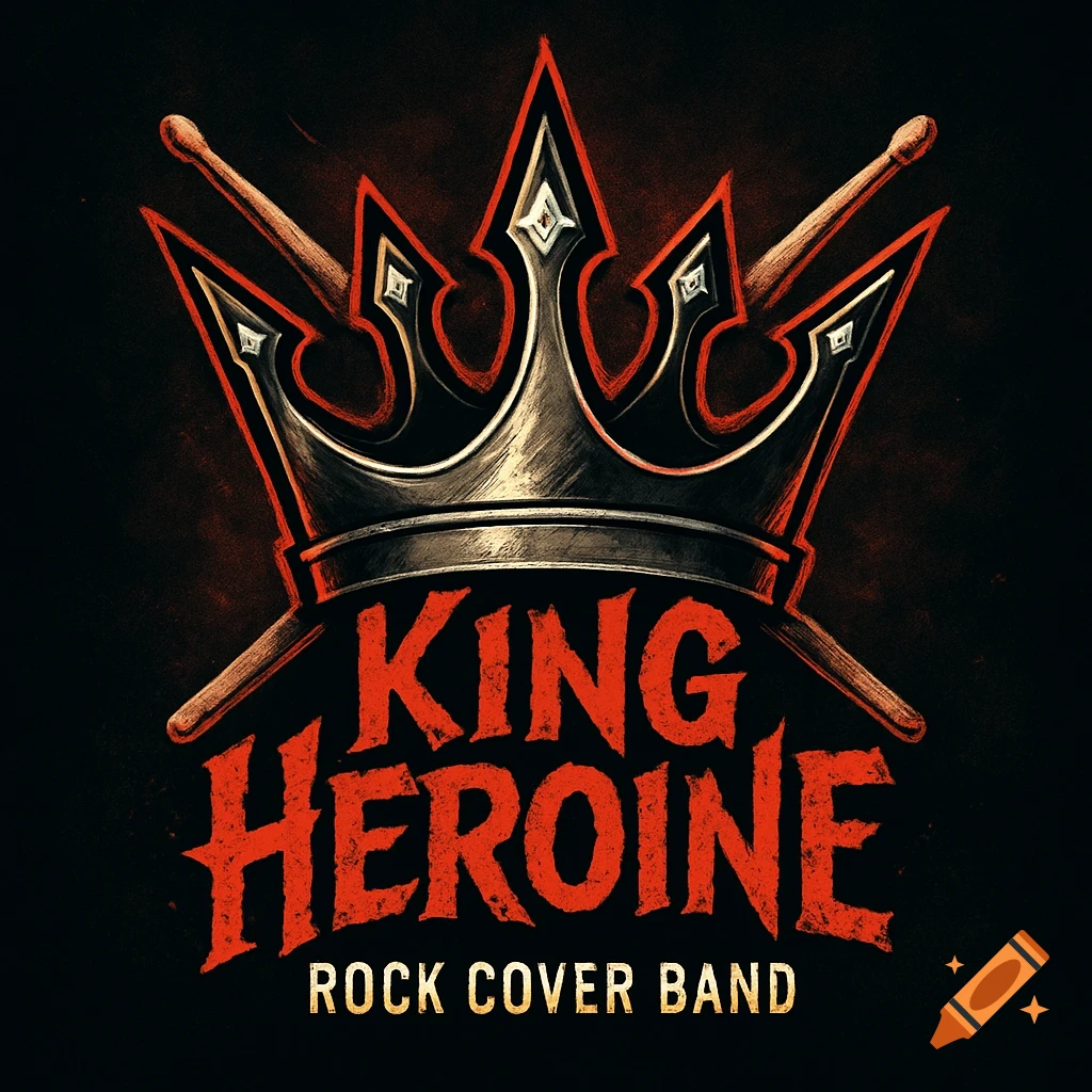 A distressed dark logo featuring a crown and crossed drumsticks behind it, with the text "King Heroine Rock Cover Band".