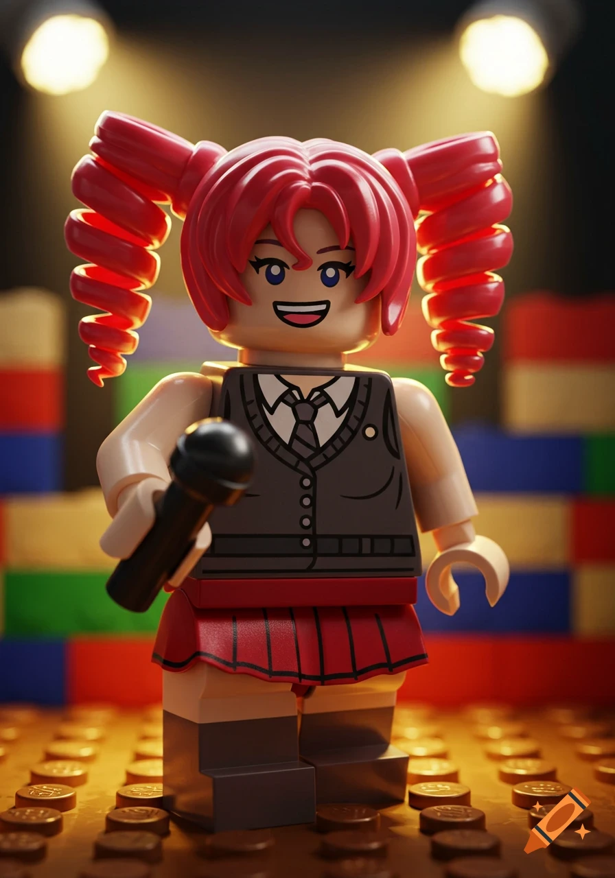 A Lego minifigure with red curly pigtails and a school uniform vest holds a microphone on a stage-like Lego baseplate under spotlights.