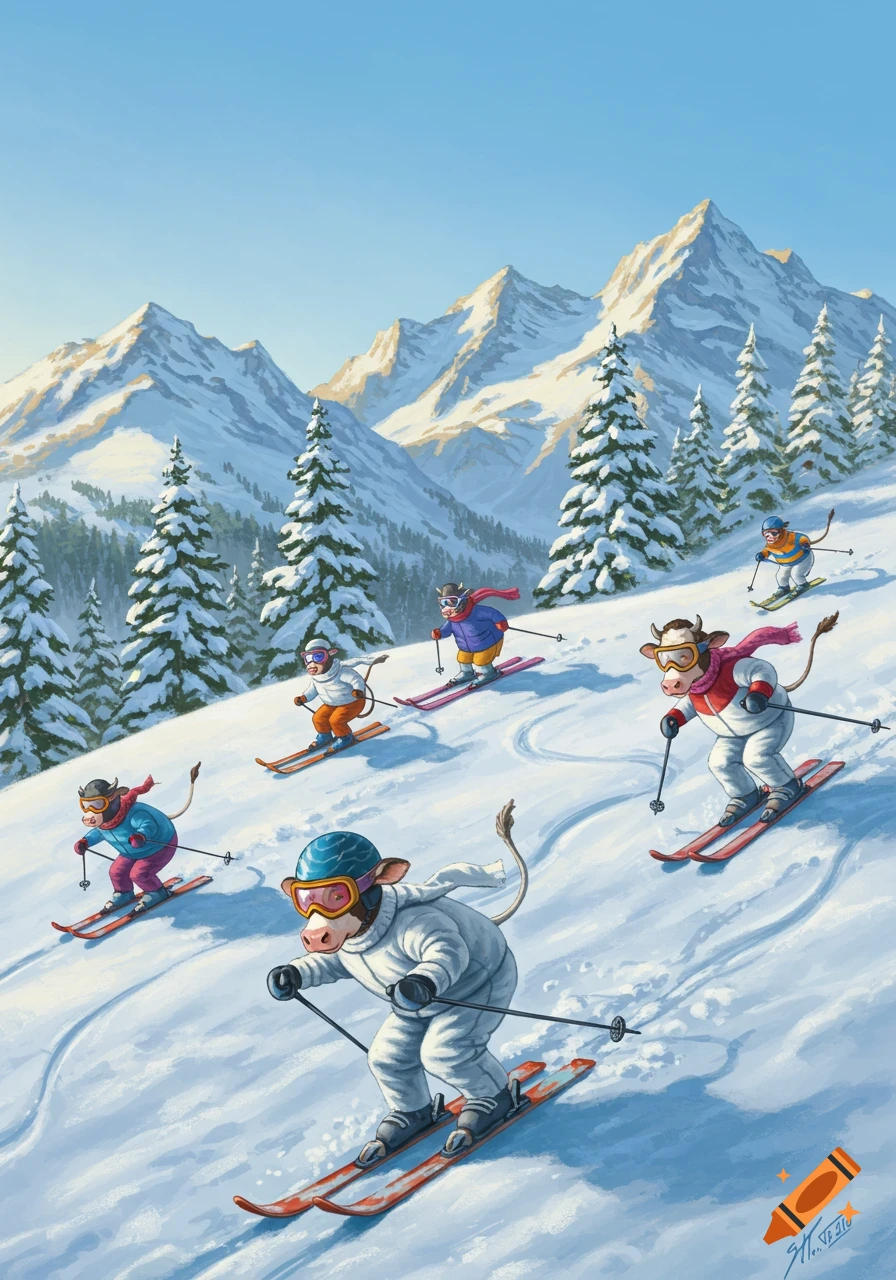 Cartoon cows in ski gear ski down a snowy mountain slope with pine trees and jagged peaks under a clear blue sky.