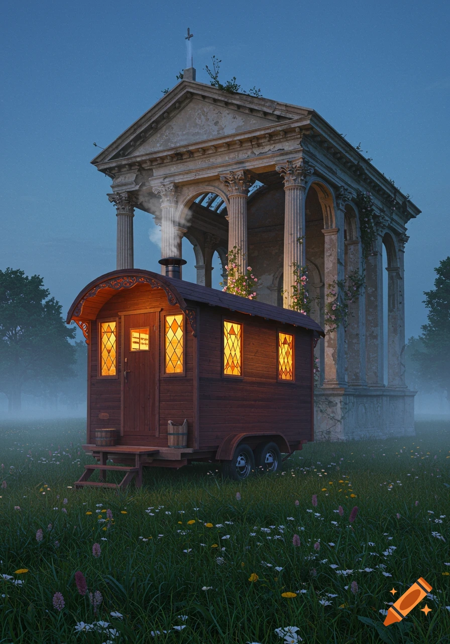 A rustic wooden trailer with glowing windows sits in a misty, flower-filled field at twilight, in front of a large, ruined classical temple.