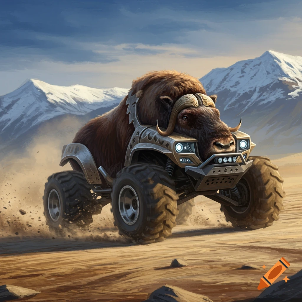 A powerful offroad vehicle resembling a musk ox, with fur, horns, and large wheels, drives across a desert landscape with snow-capped mountains.