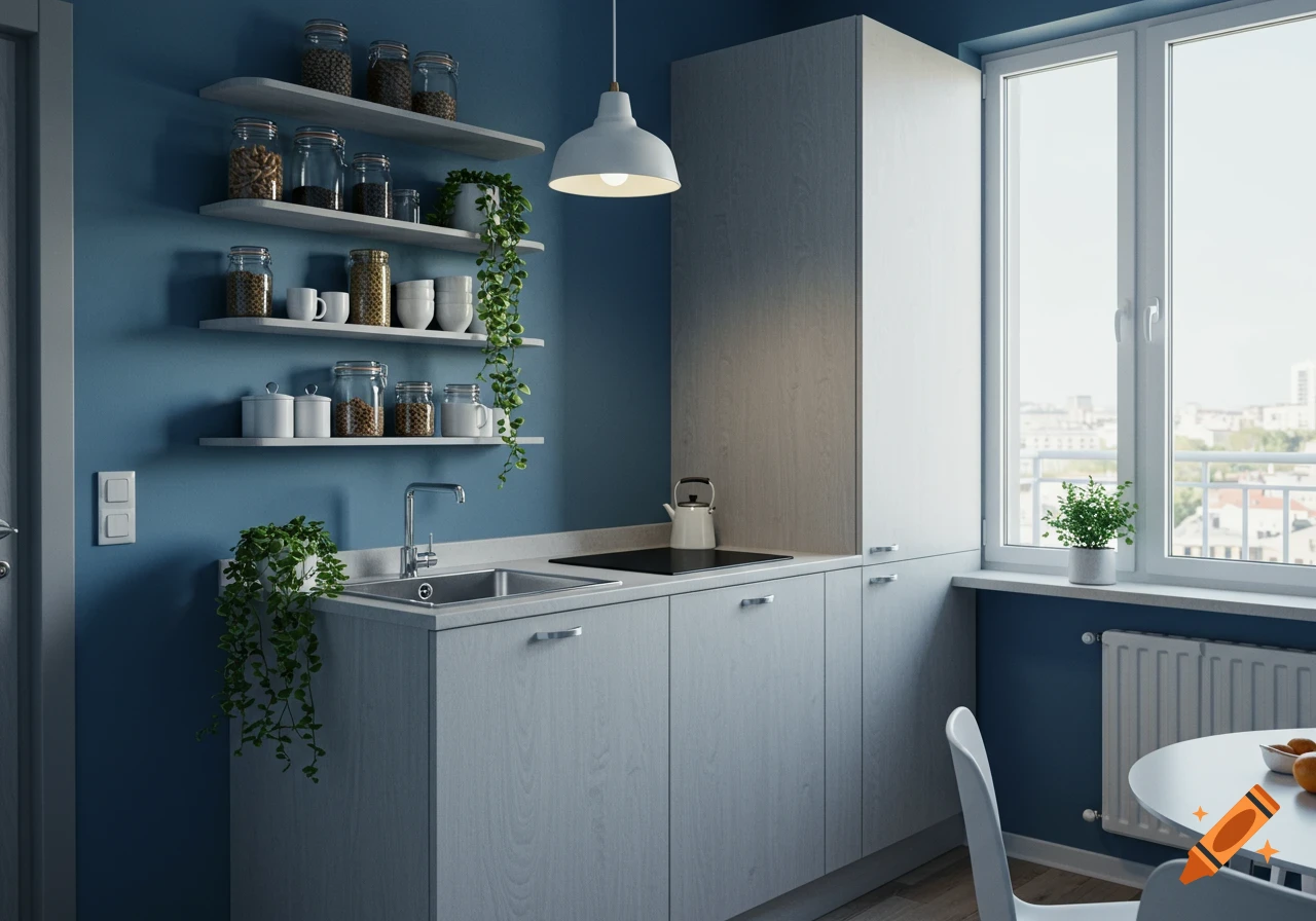 A modern efficiency apartment kitchen with blue walls, light wood cabinets, a sink, an induction cooktop, and white floating shelves with jars and plants. A window overlooks a city skyline.