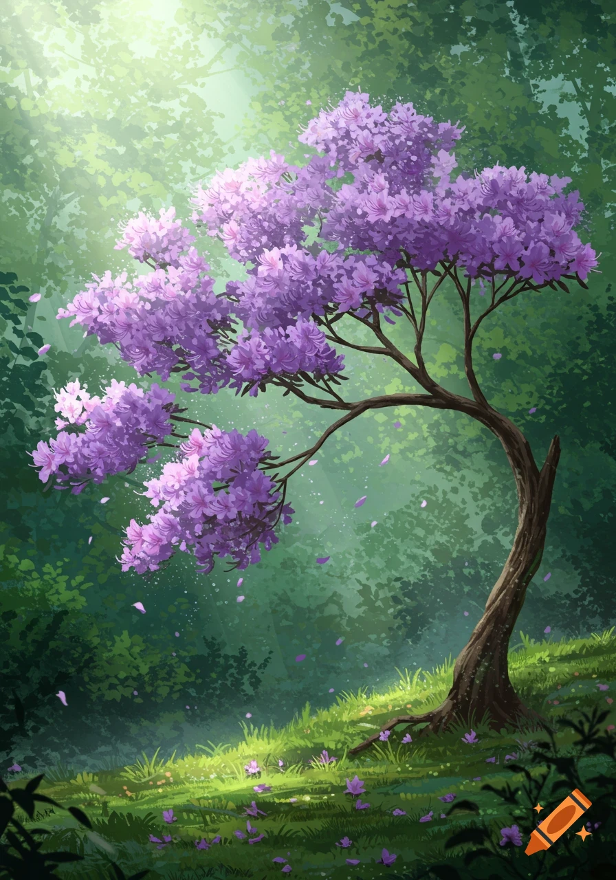 A vibrant illustration of a purple flowering tree bathed in sunlight in a lush green forest.