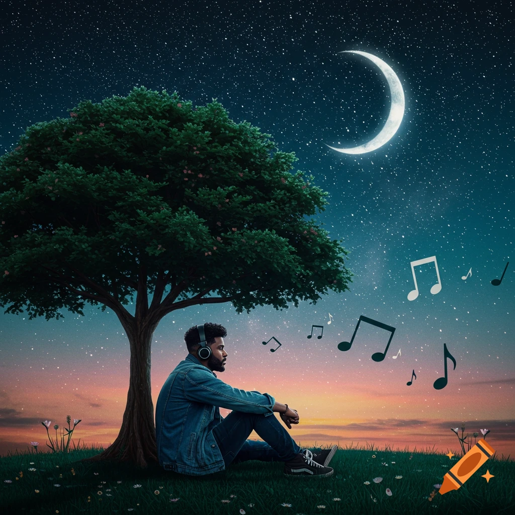 A thoughtful man with headphones sits under a tree at night, surrounded by floating musical notes under a starry sky.