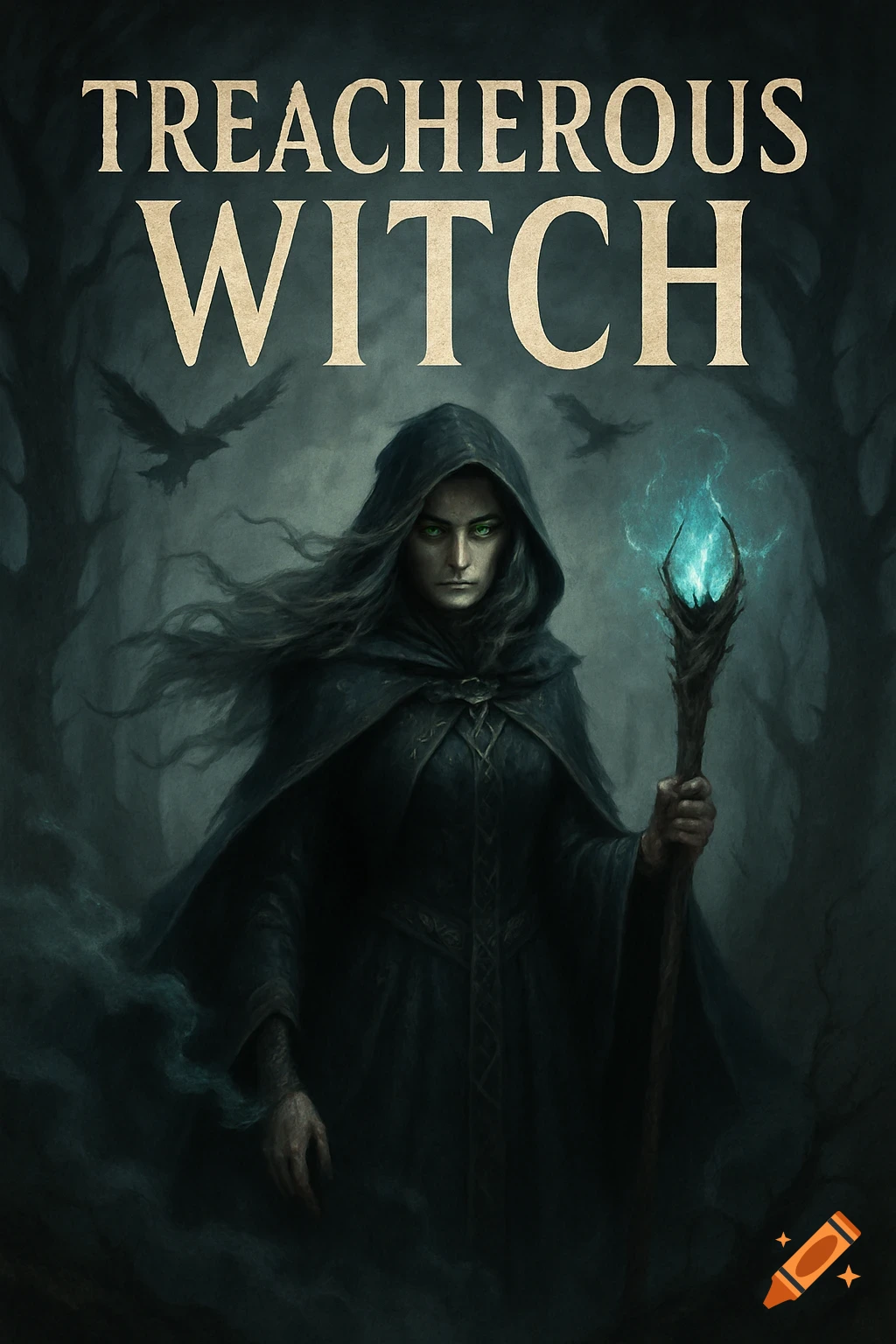 A dark witch with green eyes and a hooded cloak holds a glowing staff in a mystical forest setting. The text 'TREACHEROUS WITCH' is above.