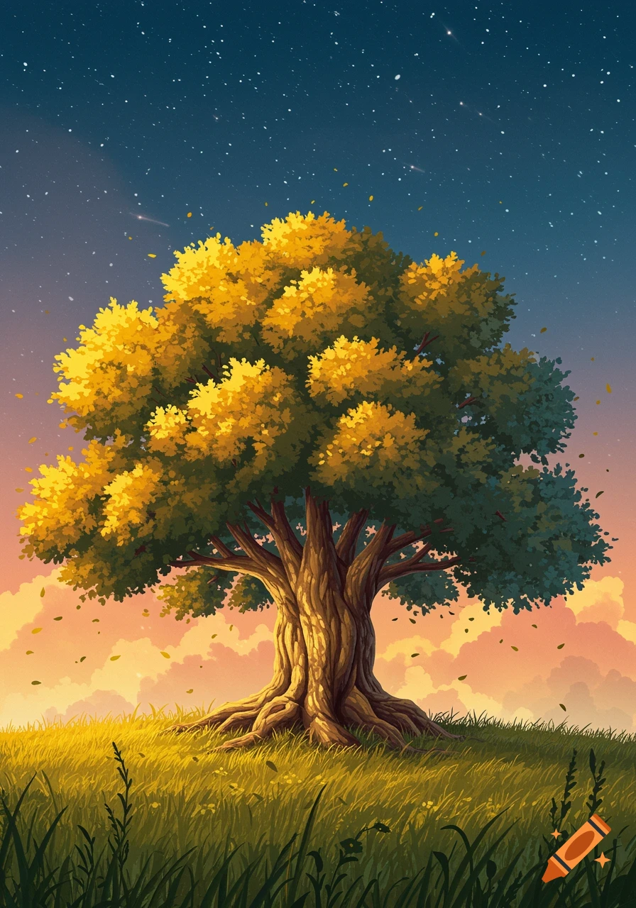 A vibrant cartoon style illustration of a large, old tree with yellow and green leaves standing on a grassy hill under a starry, twilight sky with clouds.