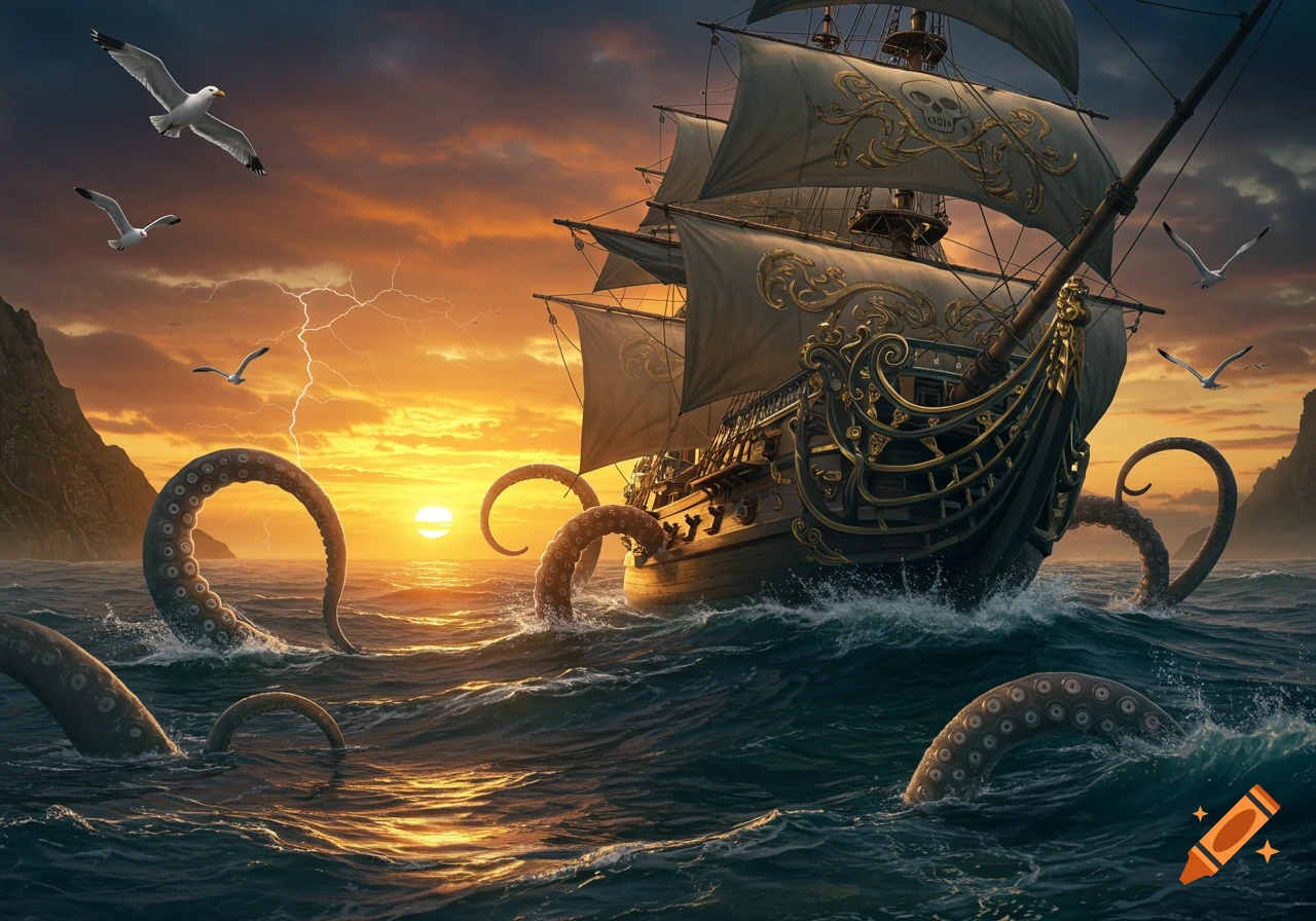 A filigree pirate ship battles a kraken at sunset under a lightning-streaked sky, with tentacles emerging from rough seas and seagulls flying overhead.