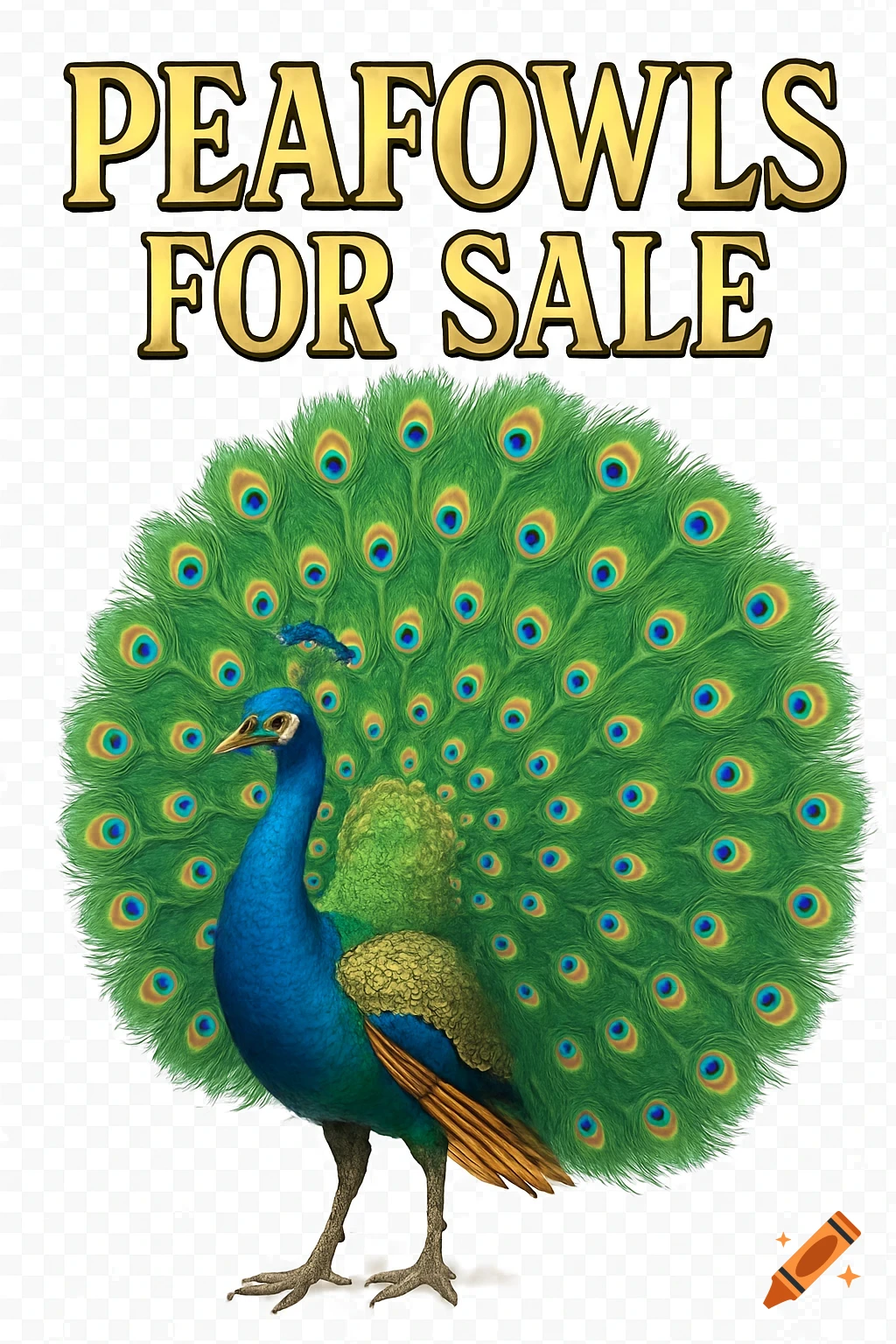 A vibrant blue and green peacock with its tail feathers fanned out, with golden text above reading "PEAFOWLS FOR SALE" on a transparent background.