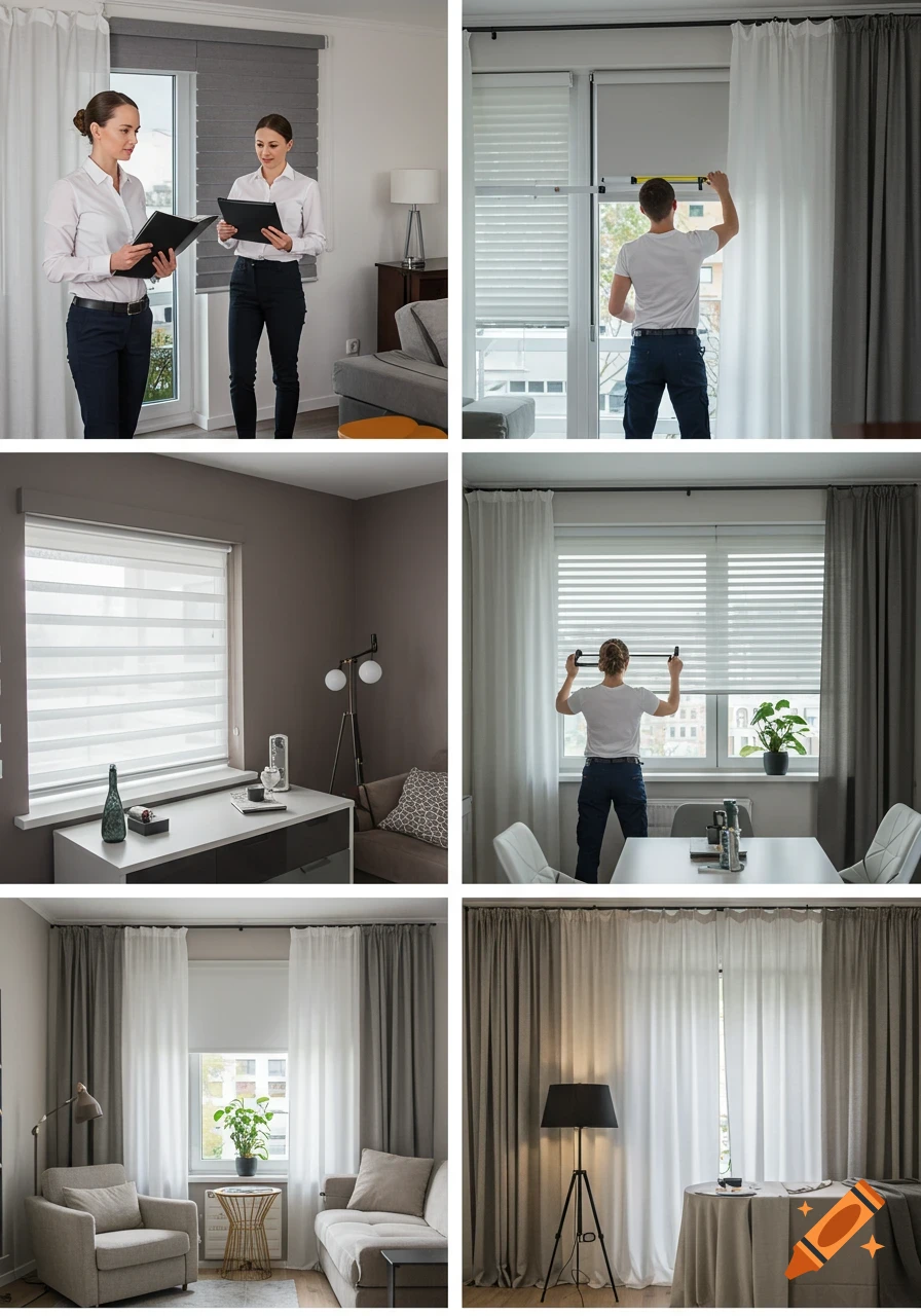 Photorealistic grid showcasing window treatment services, including measuring, installing blinds, and interior scenes with curtains.