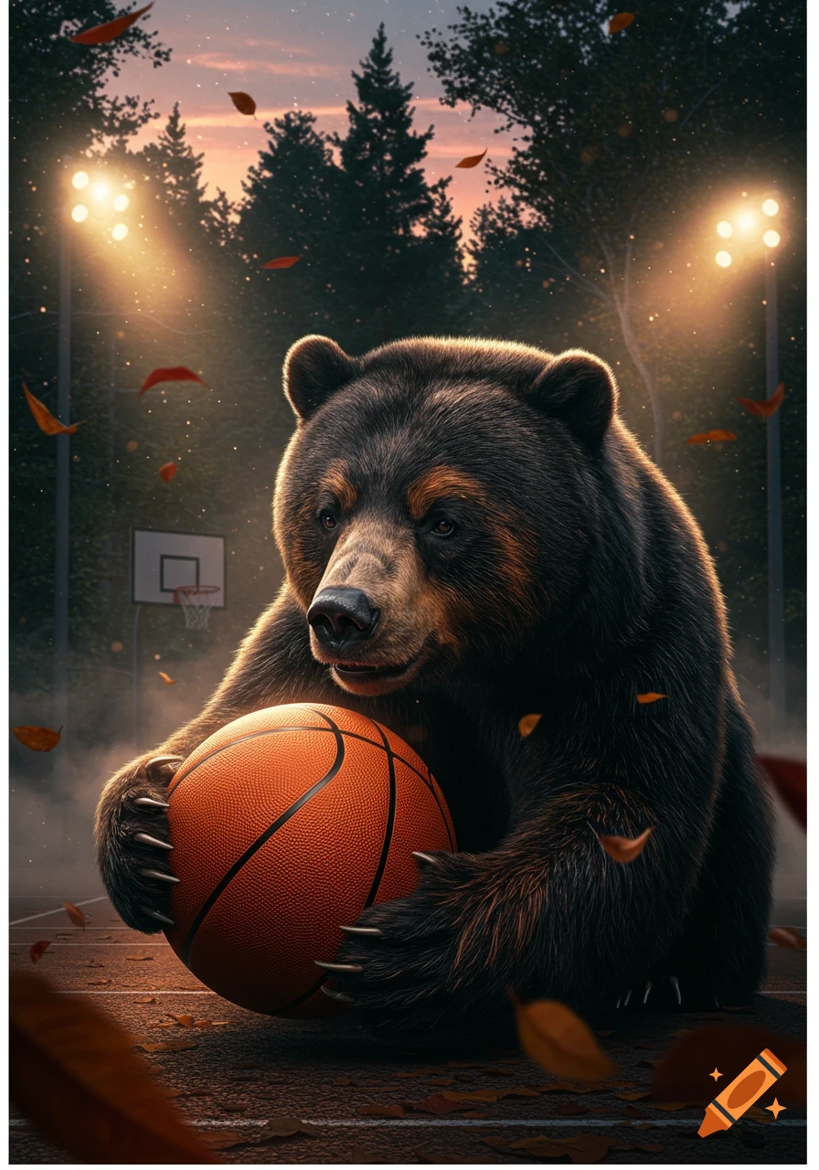A photorealistic brown bear sits on a basketball court, holding an orange basketball. Sunlight illuminates falling autumn leaves and trees in the background.