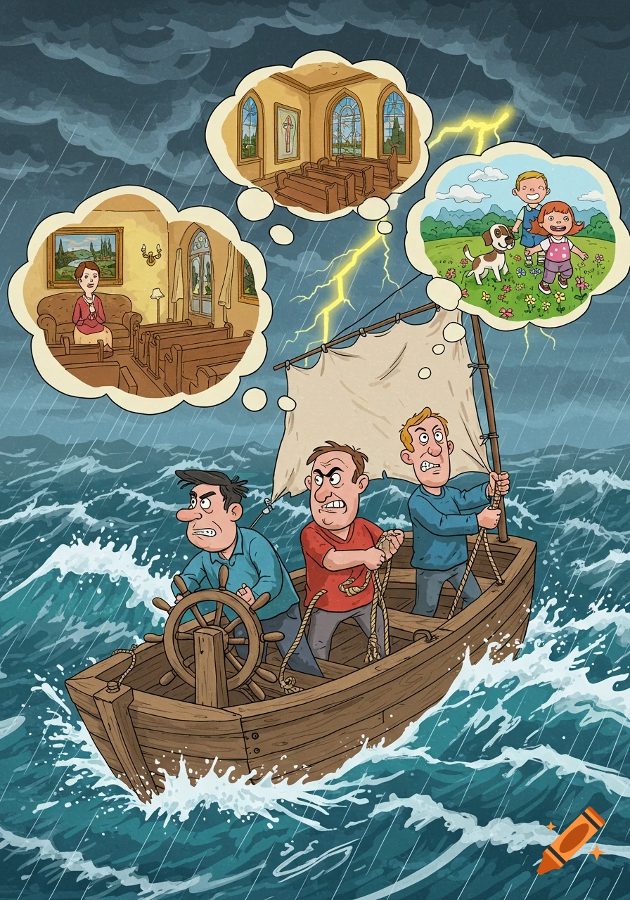 A cartoon depicts three men in a small boat on a stormy sea, looking distressed. Thought bubbles show images of a church, a woman, and children with a dog.