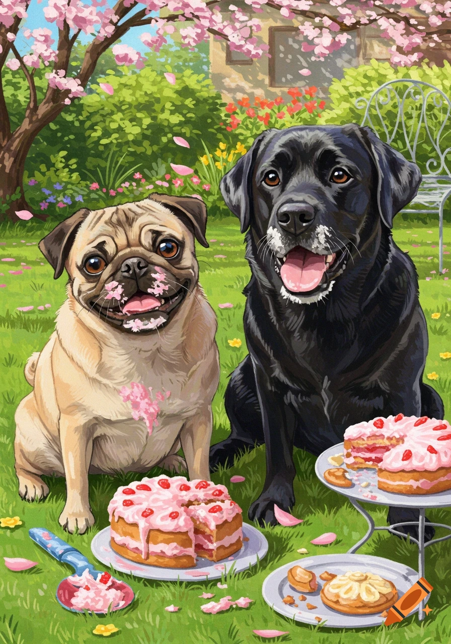 A cheerful pug and a black labrador with cake frosting on their faces sit in a cherry blossom garden next to cakes, illustrated in a vibrant style.