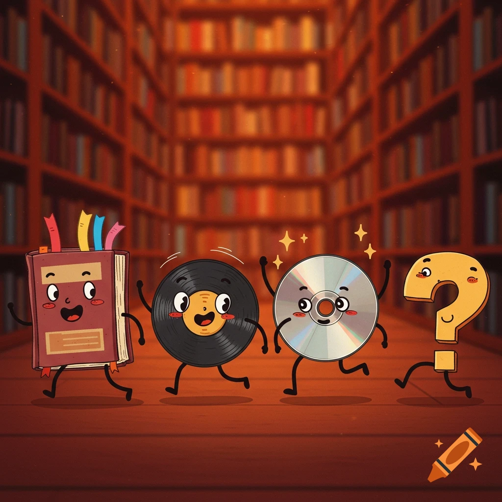 Cartoon characters of a book, a record, a DVD, and a question mark with smiling faces dancing in a library.