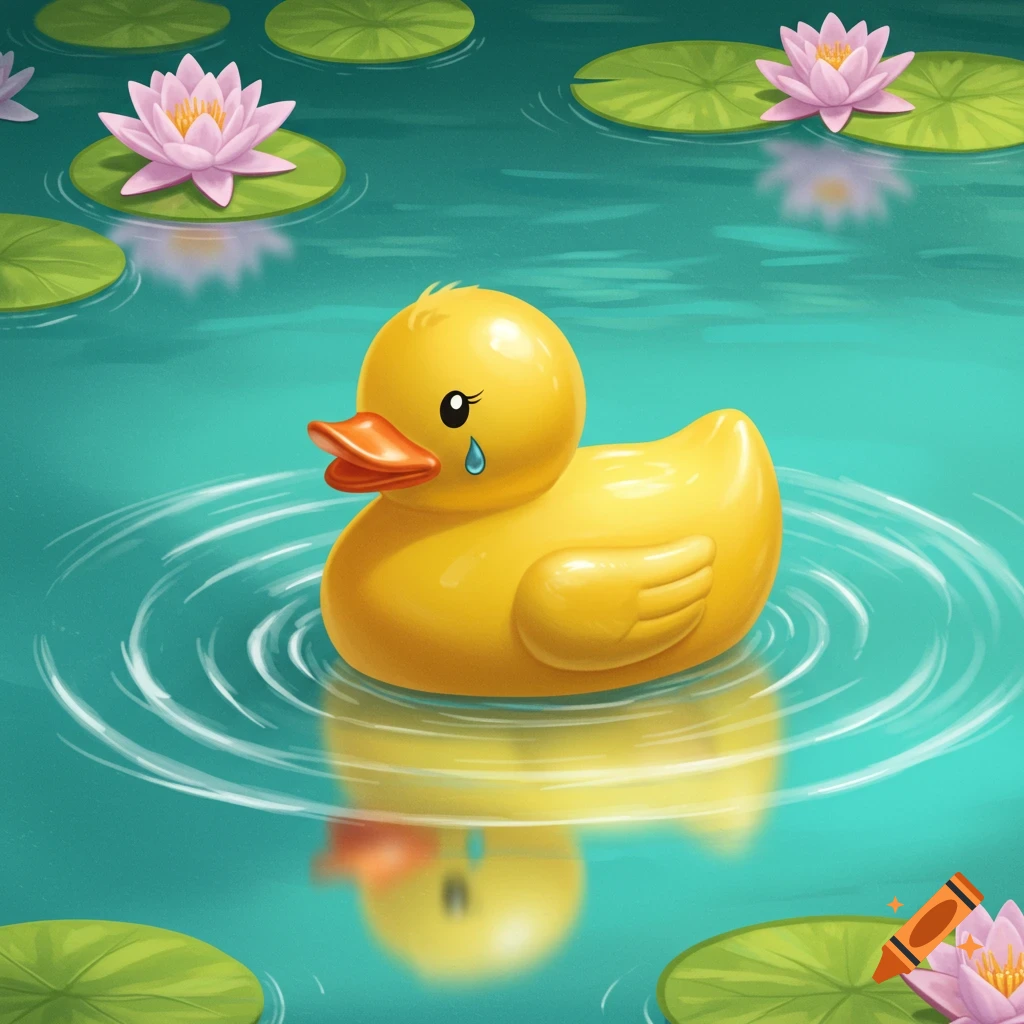 A sad yellow rubber duck with a tear drop below its eye floats on blue water surrounded by green lily pads and pink water lilies.