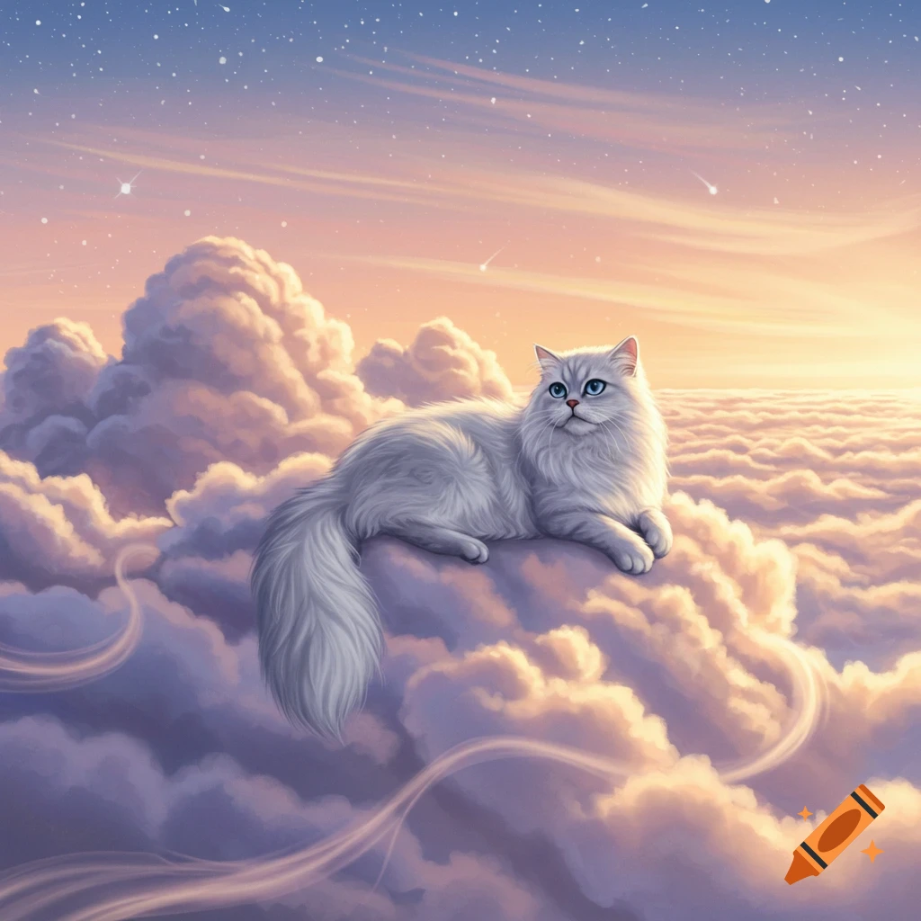 A fluffy white cat with blue eyes lies on soft clouds in a pastel sky filled with stars and shooting stars.