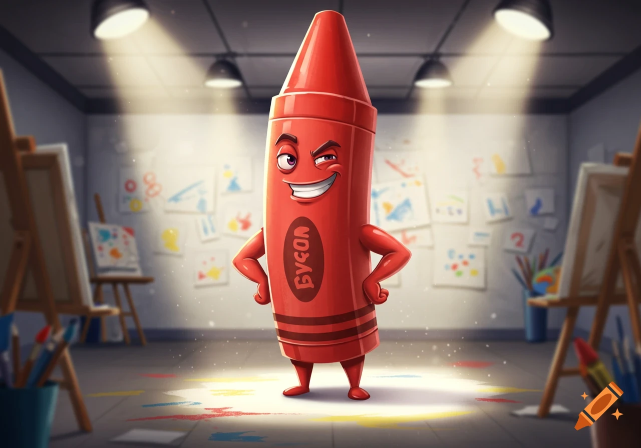 A confident, winking red cartoon crayon with arms and legs stands in a spotlight in an art room.