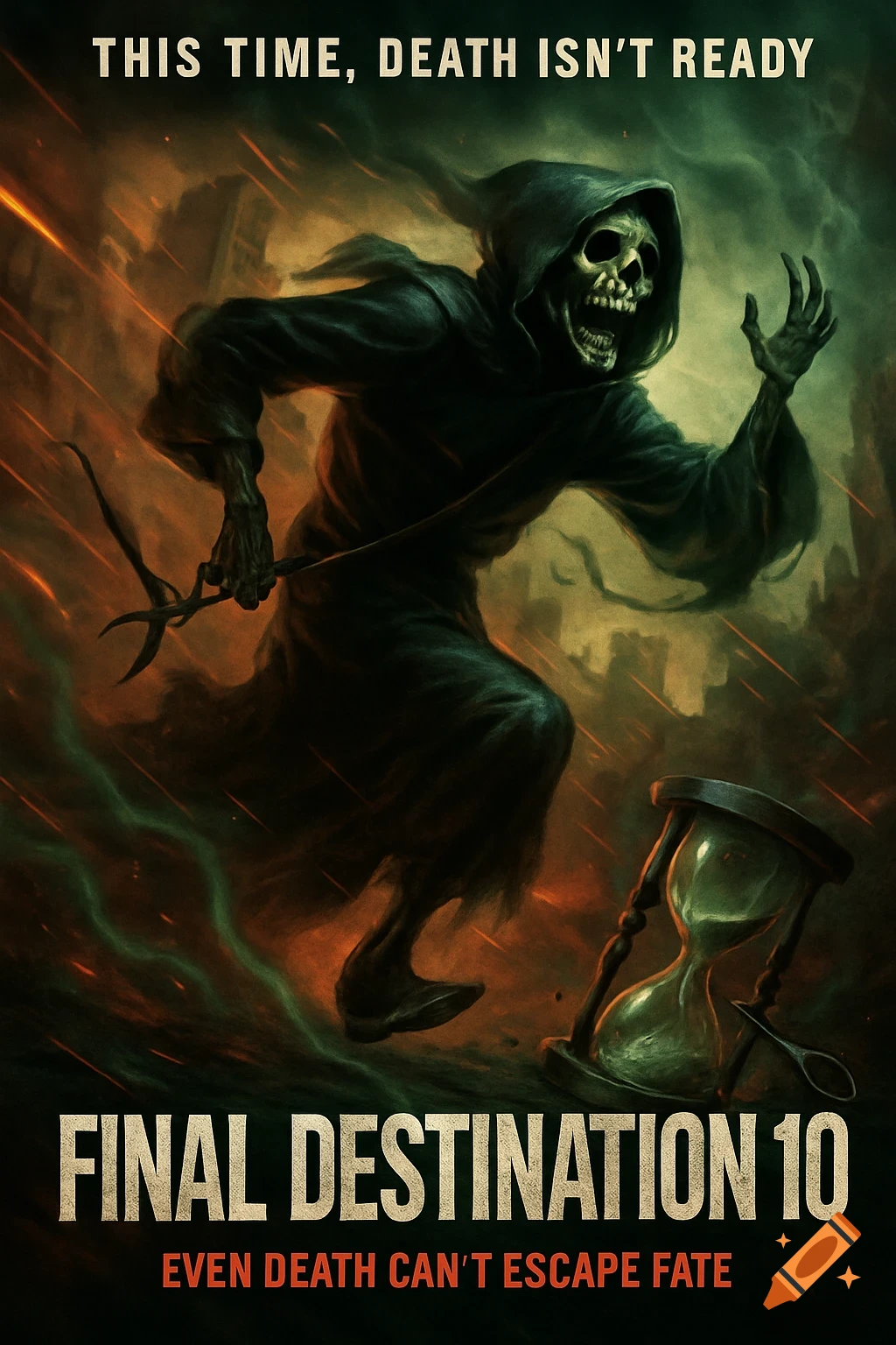 A horror movie poster shows the skeletal Grim Reaper in a dark cloak running from a chaotic, burning background, with an hourglass.