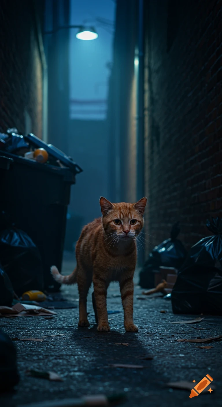 A photorealistic image of an orange tabby cat standing in a dark, moody urban alley with trash bags and a dim streetlight.