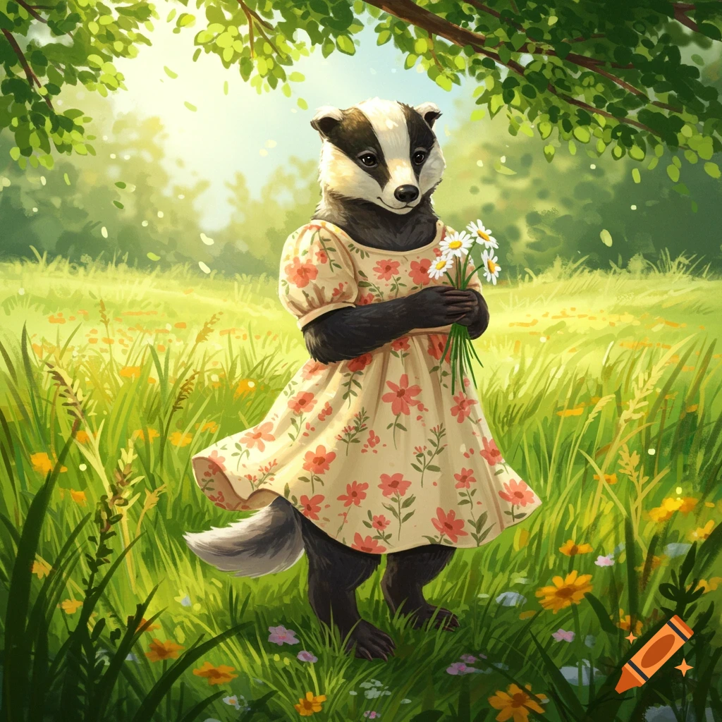 A cartoon badger wearing a flowery dress stands in a sunny field, holding a bouquet of white daisies. Green leaves hang from above.