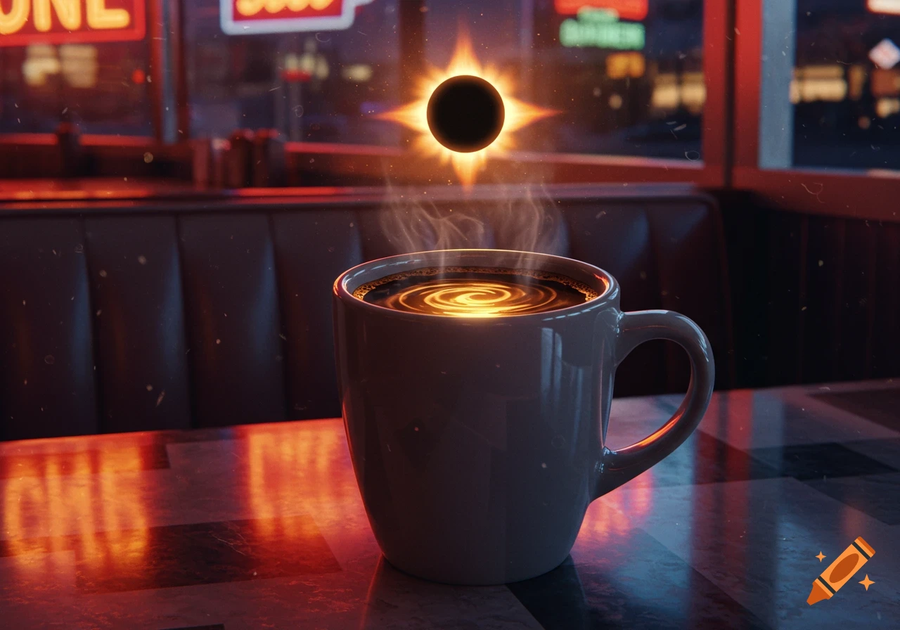 A close-up shot of a steaming coffee cup on a diner table. A glowing solar eclipse hovers above the coffee, which has a bright, glowing spiral design. Neon lights from the diner's interior are visible in the background.
