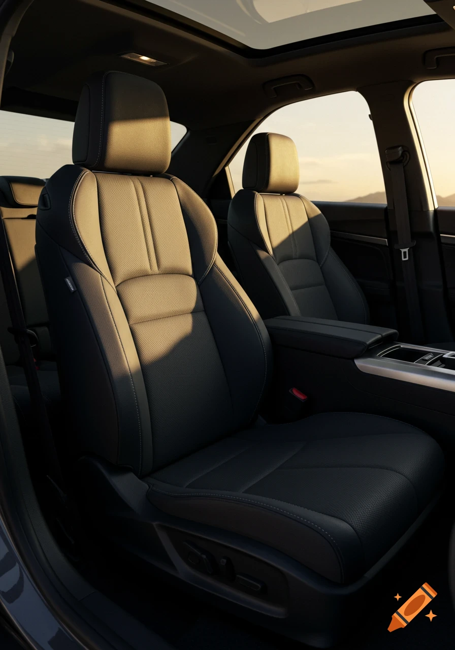 A detailed interior view of a car, showing black leather seats with sunlight illuminating them, and a sunroof above.