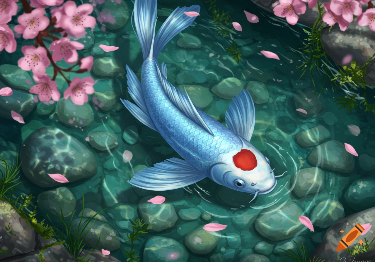 A blue koi fish with a red spot swims in clear water among rocks and pink cherry blossom petals. Pink blossoms hang from branches above.