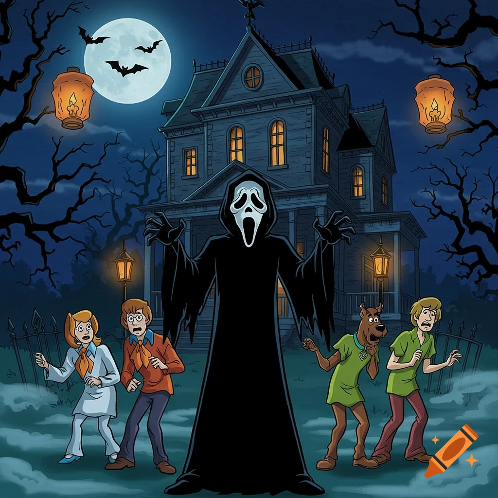 Scooby Doo characters and Ghostface stand terrified in front of a haunted house at night under a full moon.