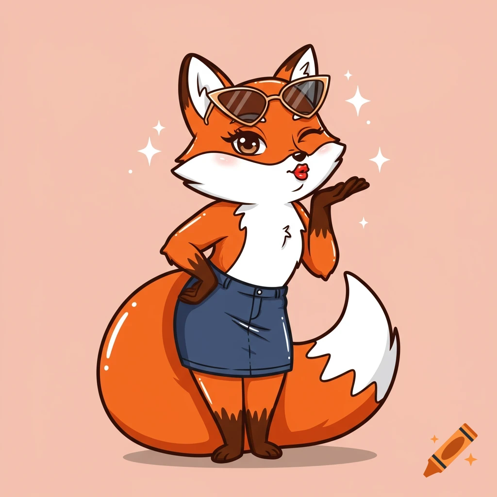 A sassy cartoon fox wearing sunglasses and a denim skirt winks and blows a kiss.