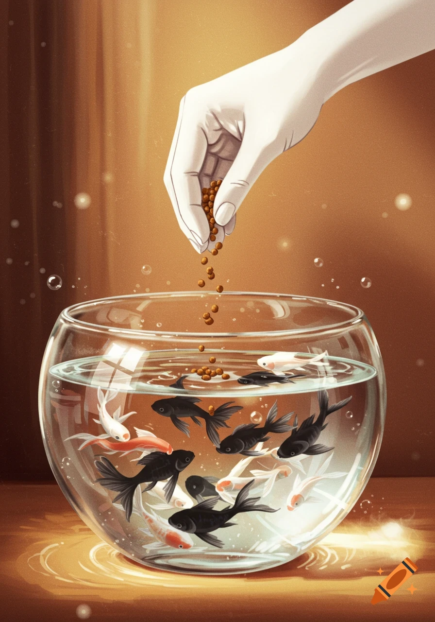 An illustration of a hand feeding small fish food pellets to black, white, and red goldfish in a clear glass bowl.