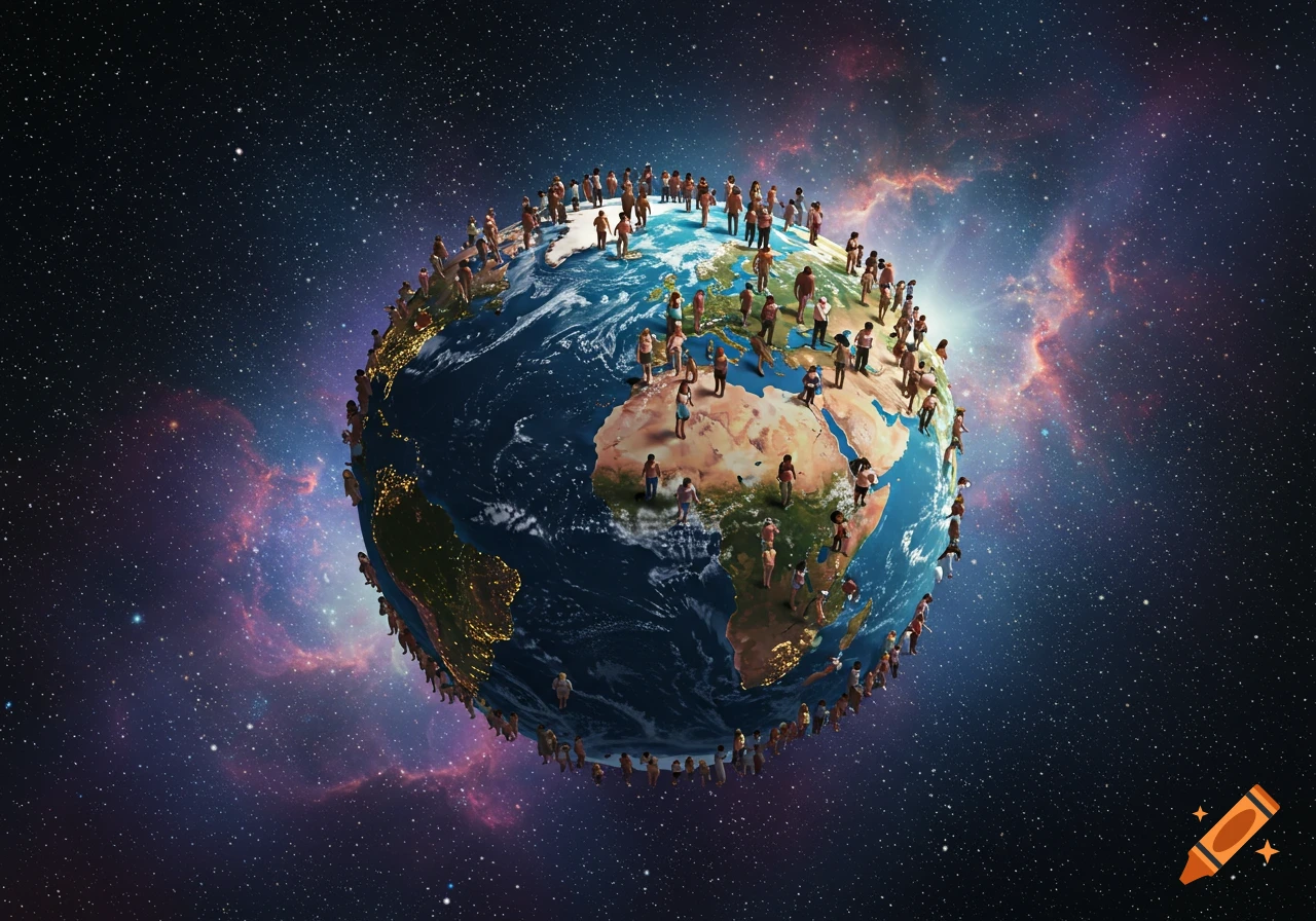 A blue planet Earth covered entirely by a multitude of diverse human figures, set against a dark, star-filled cosmic background with nebulae.