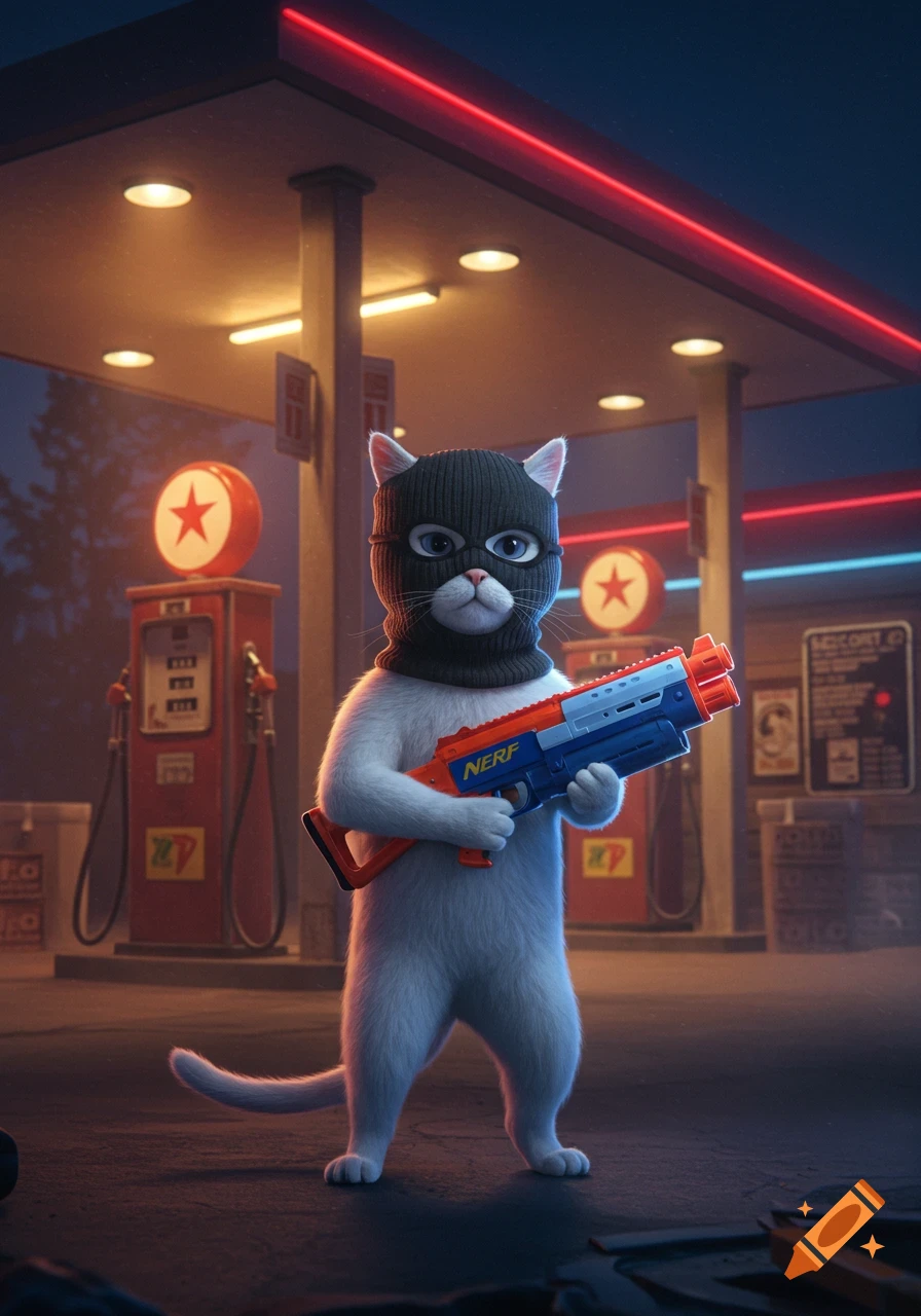 A cute white cat wearing a black ski mask holds an orange and blue Nerf gun, standing in front of gas pumps at night.
