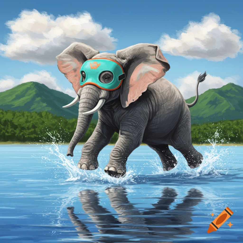An elephant wearing a turquoise ski mask runs through blue water, splashing, with green mountains under a cloudy sky.