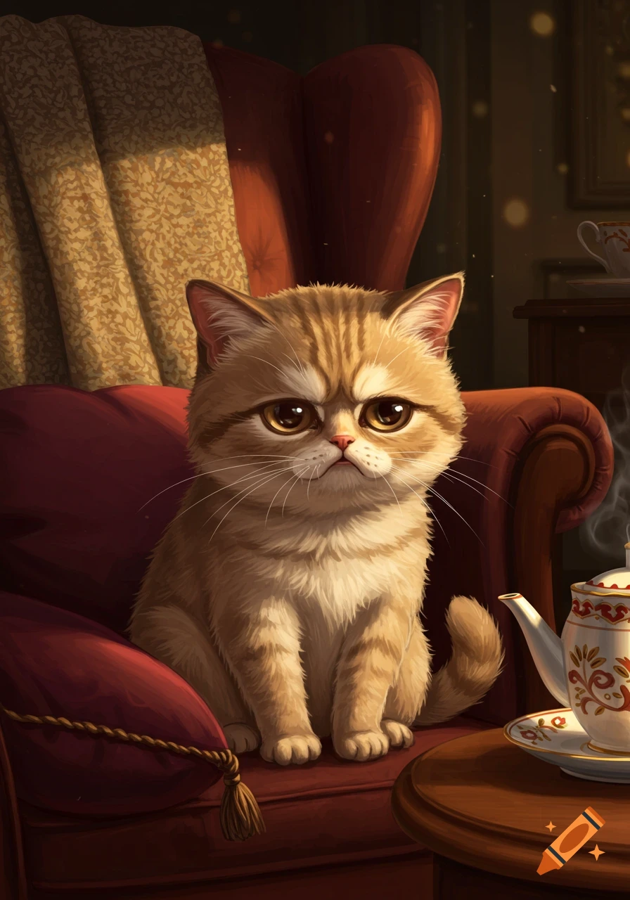 A cute, grumpy tan cat sits on a red armchair next to a steaming teapot in an illustrative style.