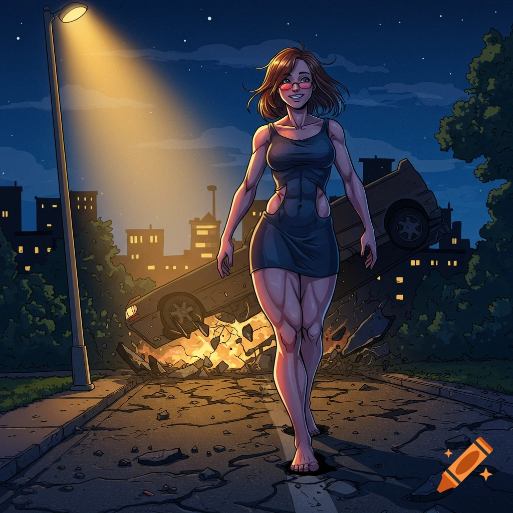 A smiling, fit woman with super strength walks barefoot down a cracked street at night, with a crushed car flying in the background, in a comic book style.