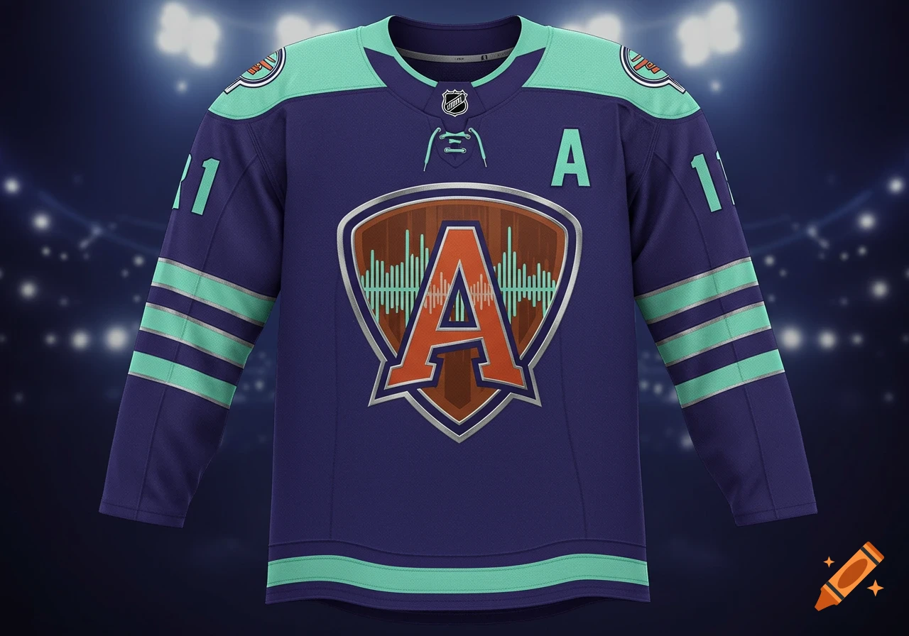 Photorealistic hockey jersey in indigo, mint, silver, and orange, featuring a guitar pick shield logo with an 'A' and waveform, and '11' on sleeves.