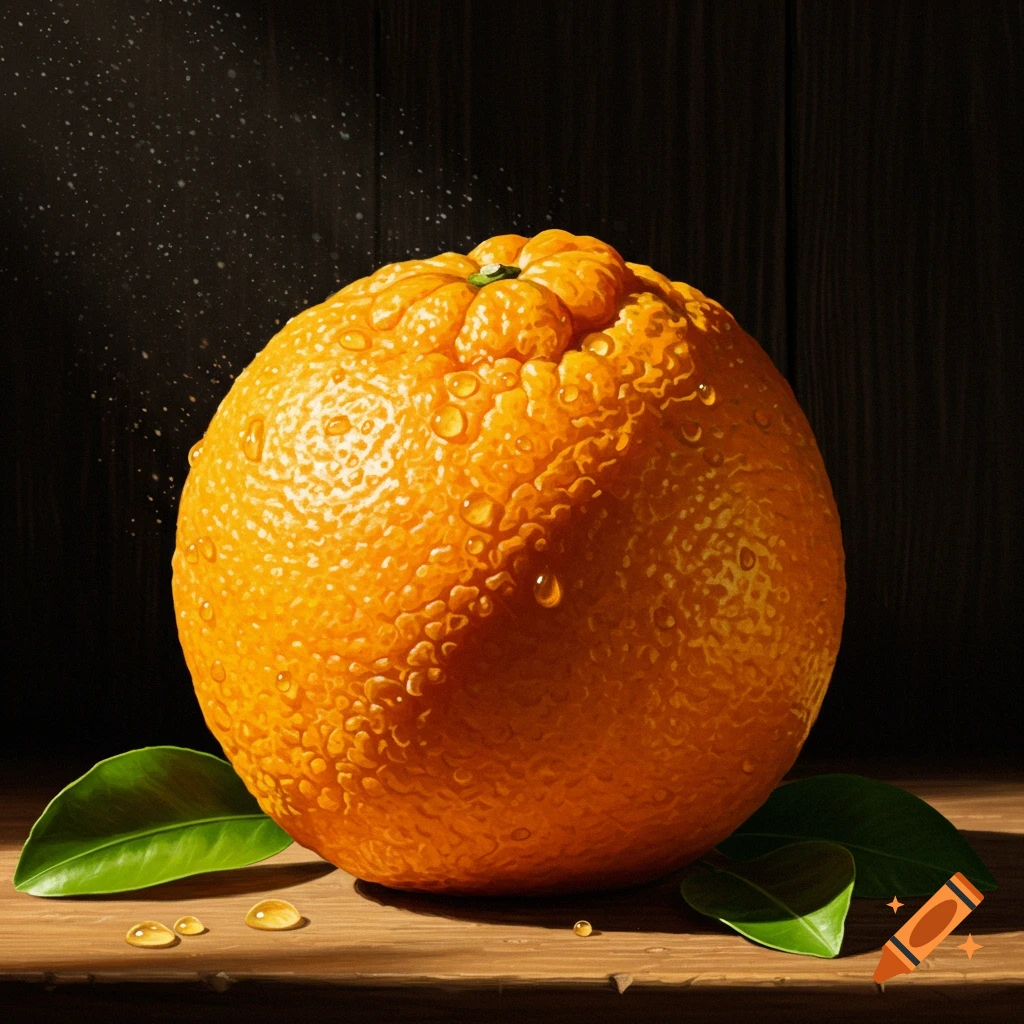 A close-up, photorealistic image of a wet orange with green leaves on a wooden surface.