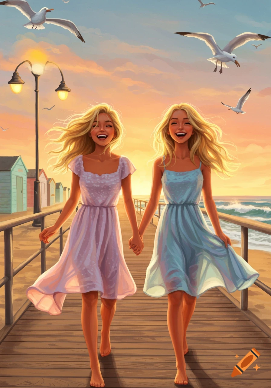 Two smiling blonde best friends walk barefoot on a wooden boardwalk at sunset, holding hands. Seagulls fly above the beach and colorful beach huts.