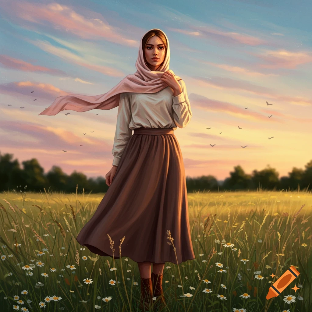Painting of a woman in a headscarf and modest dress standing in a sunlit field with daisies at sunset.