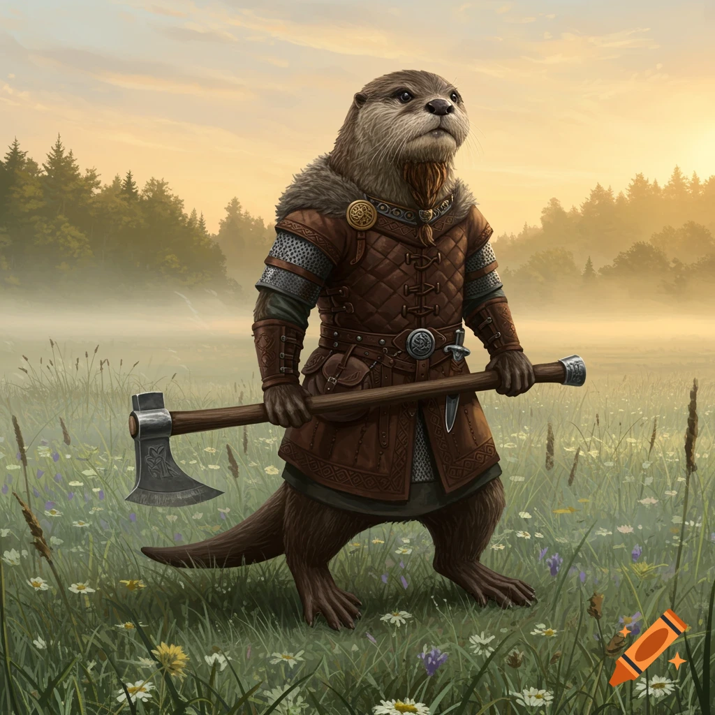A humanoid otter warrior in Saxon-like leather armor and chainmail holds a large two-handed axe in a misty field at sunrise.