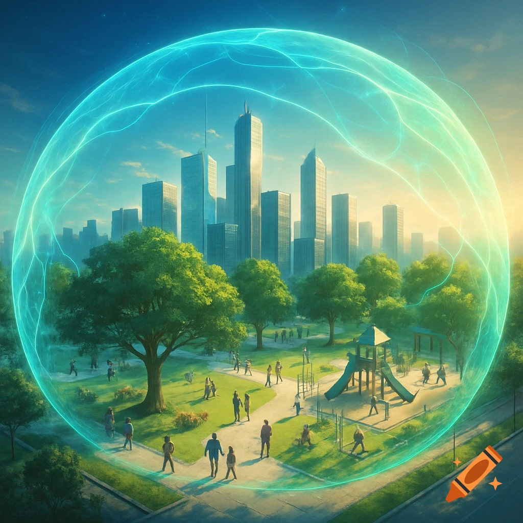 A vibrant park with people and a city skyline, encased in a glowing blue energy sphere, under a clear sky.