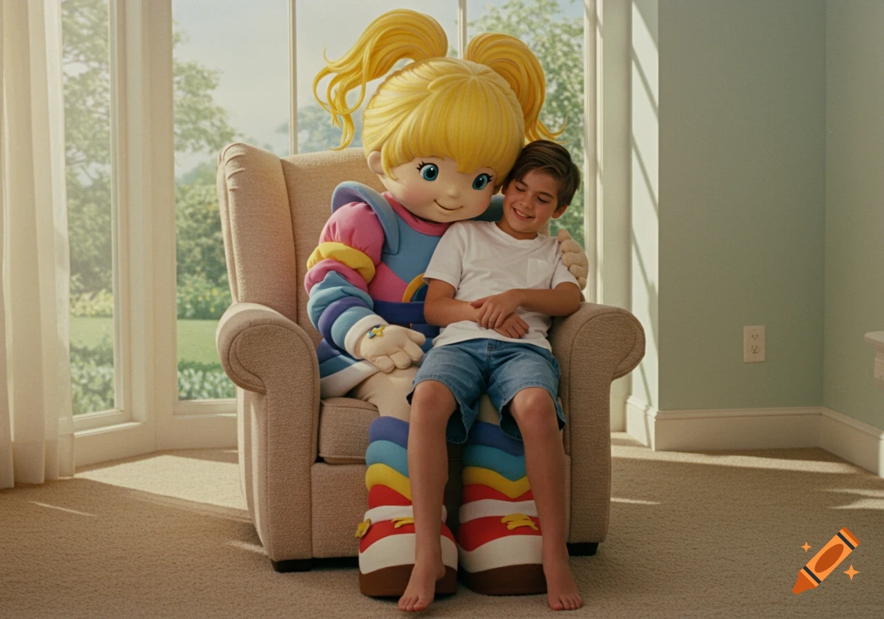 A smiling boy sits on the lap of a colorful Rainbow Brite mascot who embraces him in a bright room.