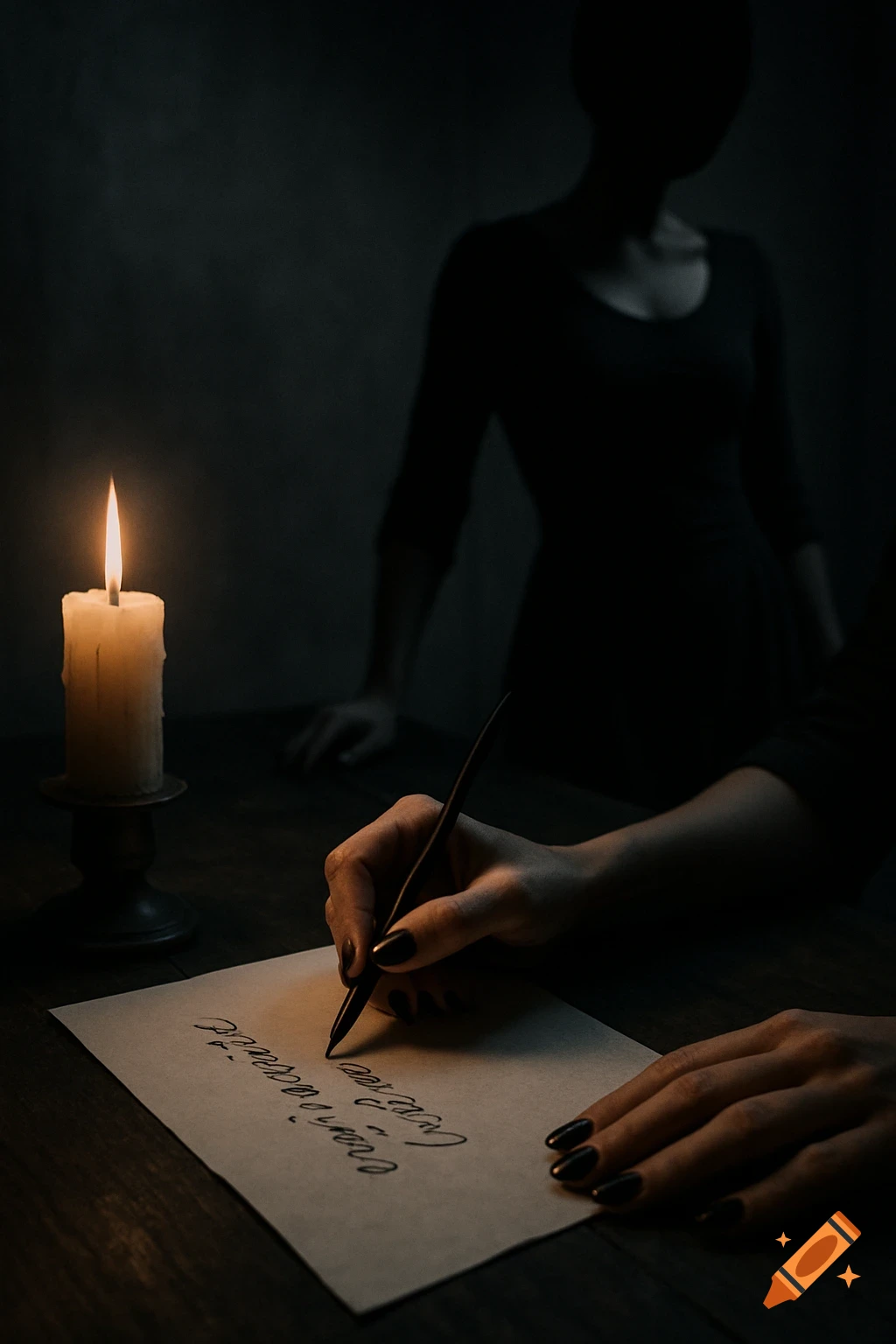 Close-up of a hand with black nails writing on paper with a quill pen by candlelight, with a blurred, silhouetted figure in the dark background.