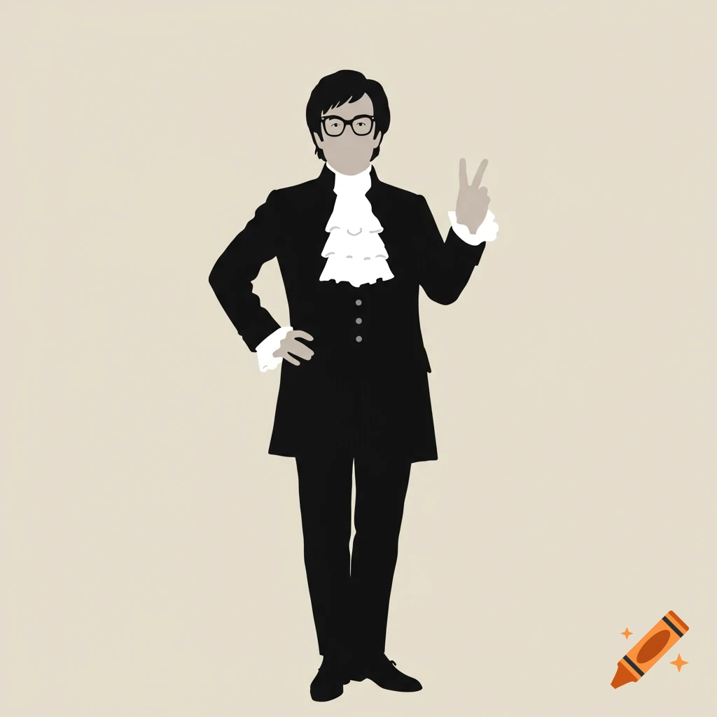 A minimalist silhouette of Austin Powers in a black suit with a ruffled white shirt and glasses, holding up a peace sign.