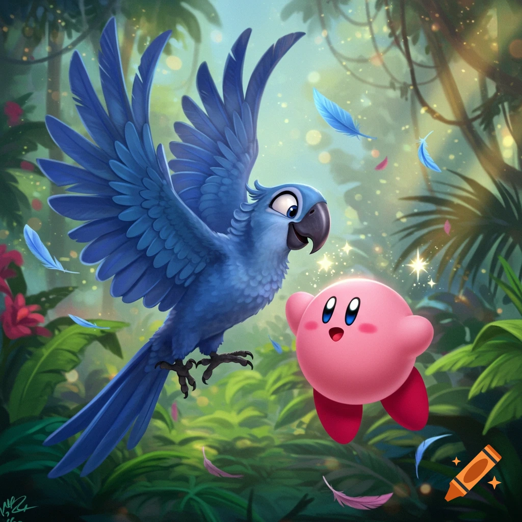 A vibrant cartoon illustration of a blue macaw (Jewel from Rio) flying next to a happy pink Kirby in a lush jungle.