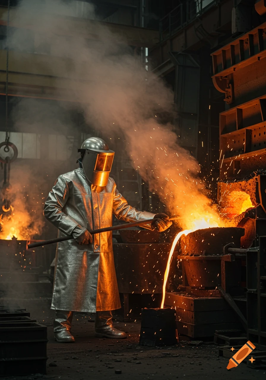 A person in reflective protective gear pours molten metal in a smoky foundry, with sparks and glowing liquid.